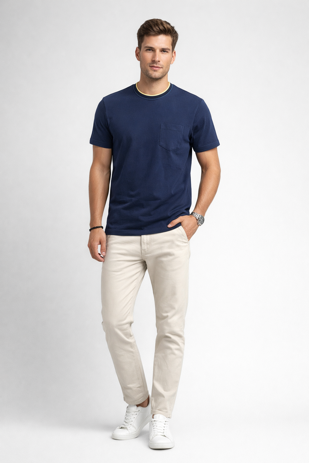 Playera para Hombre Cuello Redondo de Algodón Stretch A61402 Marino