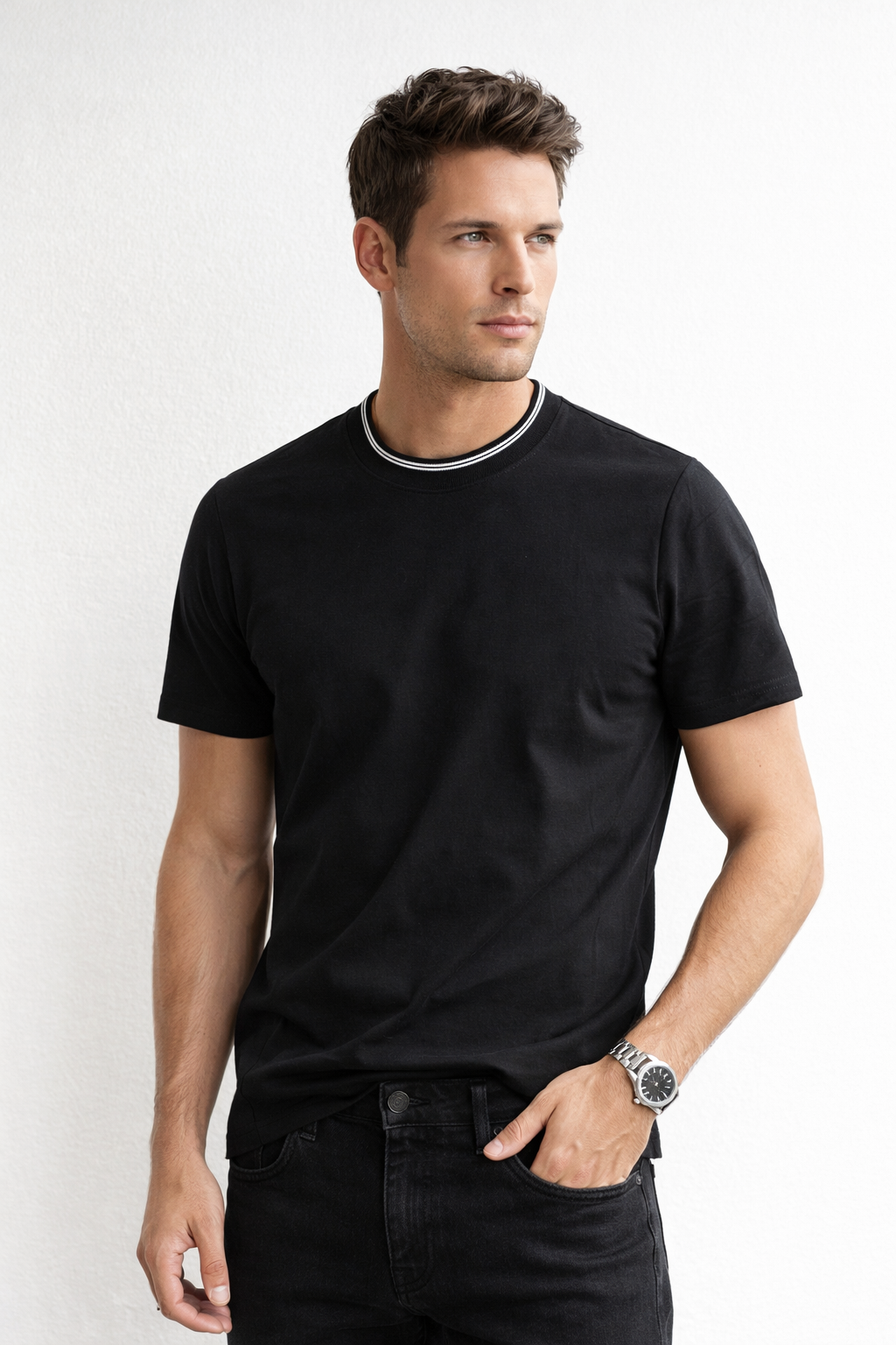 Playera para Hombre Cuello Redondo Stretch Antiarrugas A61403 Negro