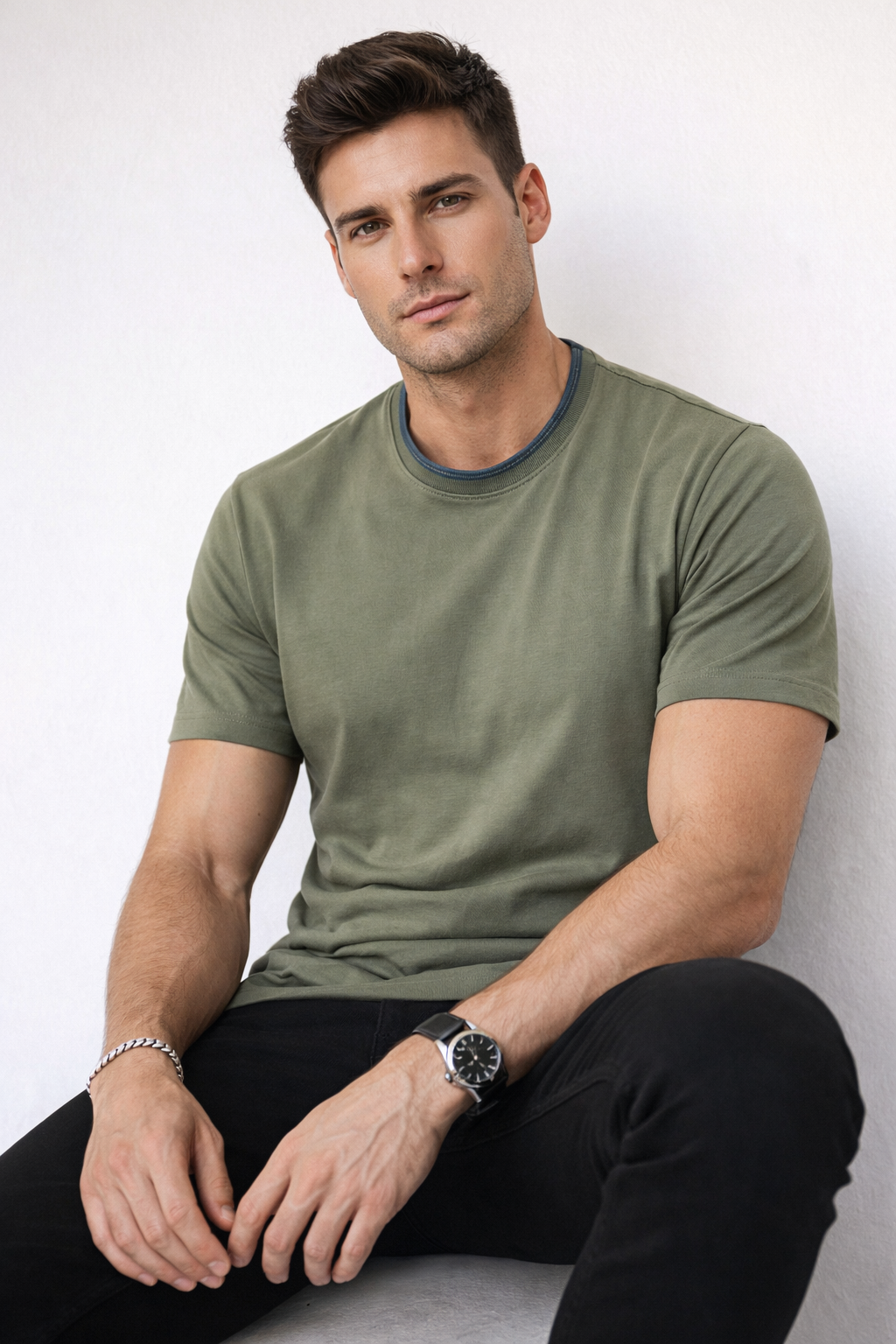 Playera para Hombre Cuello Redondo Stretch Antiarrugas A61403 Olivo