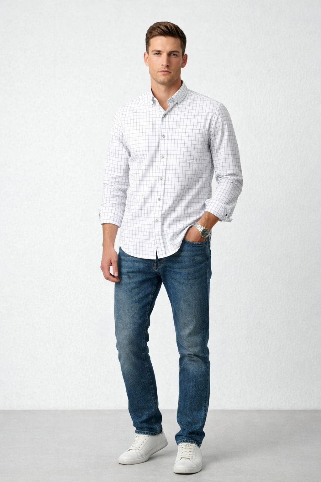 Camisas Para Hombre Manga Larga Cuadros B61205 Blanco