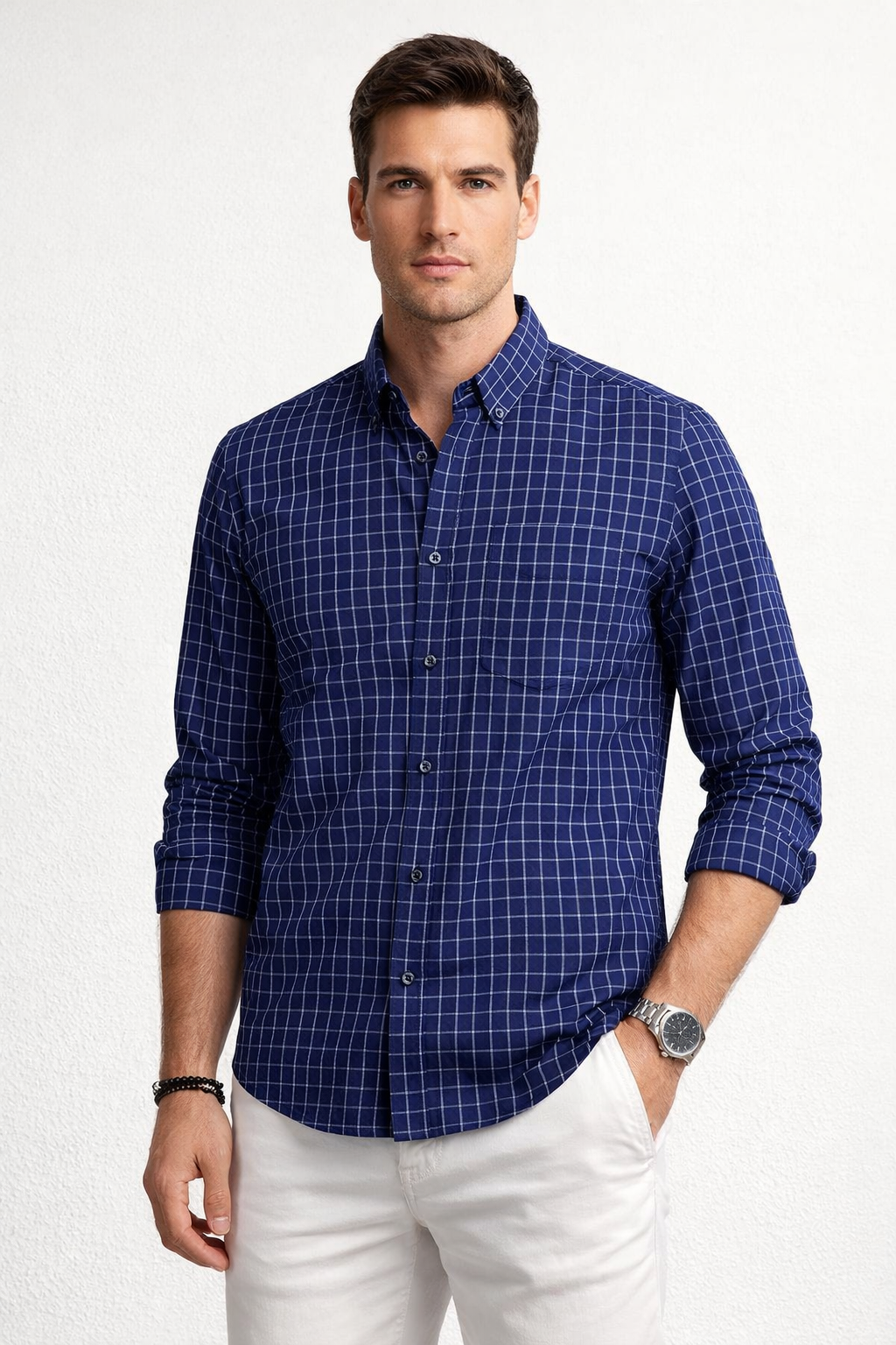 Camisas Para Hombre Manga Larga Cuadros B61205 Marino