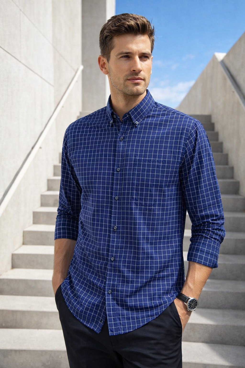 Camisas Para Hombre Manga Larga Cuadros B61205 Marino