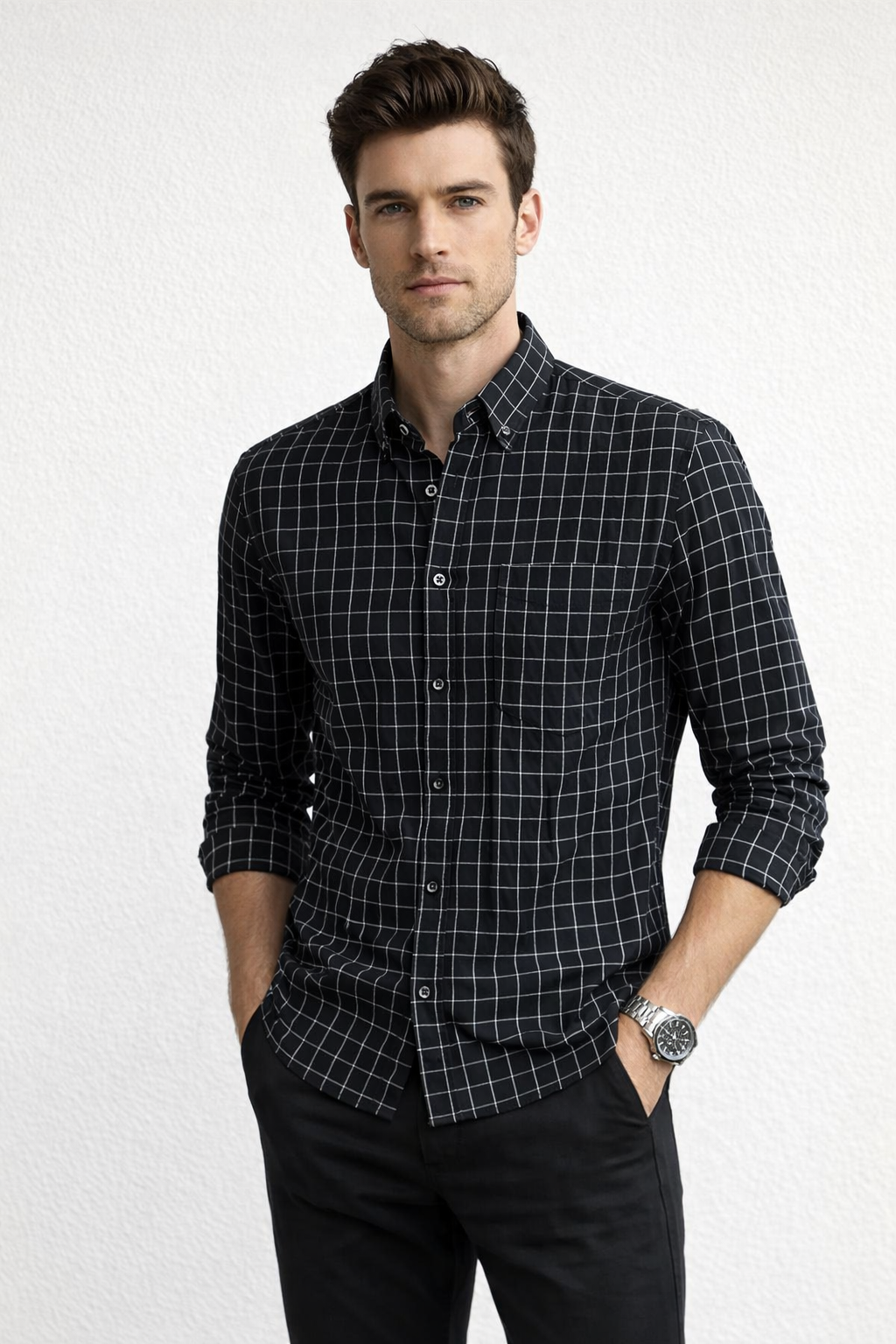 Camisas Para Hombre Manga Larga Cuadros B61205 Negro