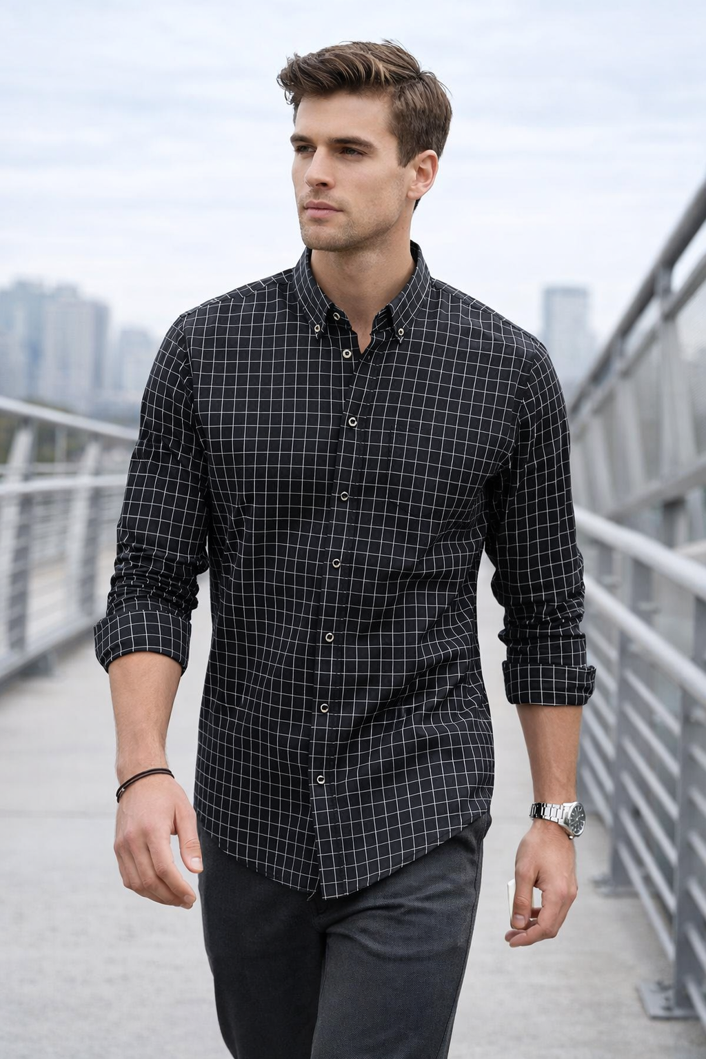 Camisas Para Hombre Manga Larga Cuadros B61205 Negro