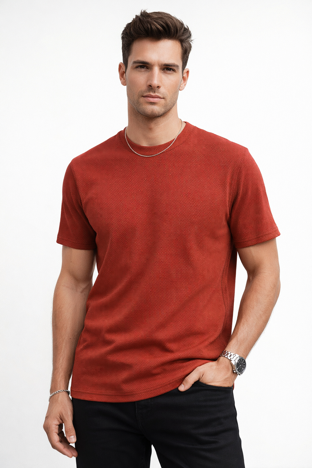 Playeras Para Hombre Jacquard Micro Bolitas A61306 Teja