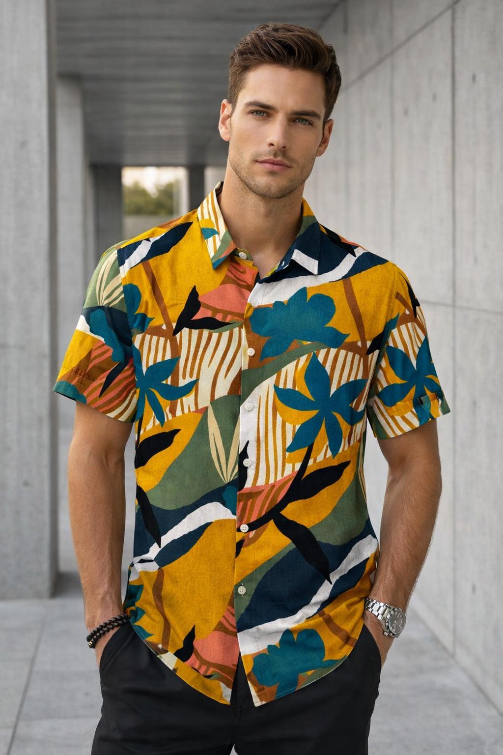 Camisas Para Hombre Manga Corta Estampado Tropical B51568 Azul