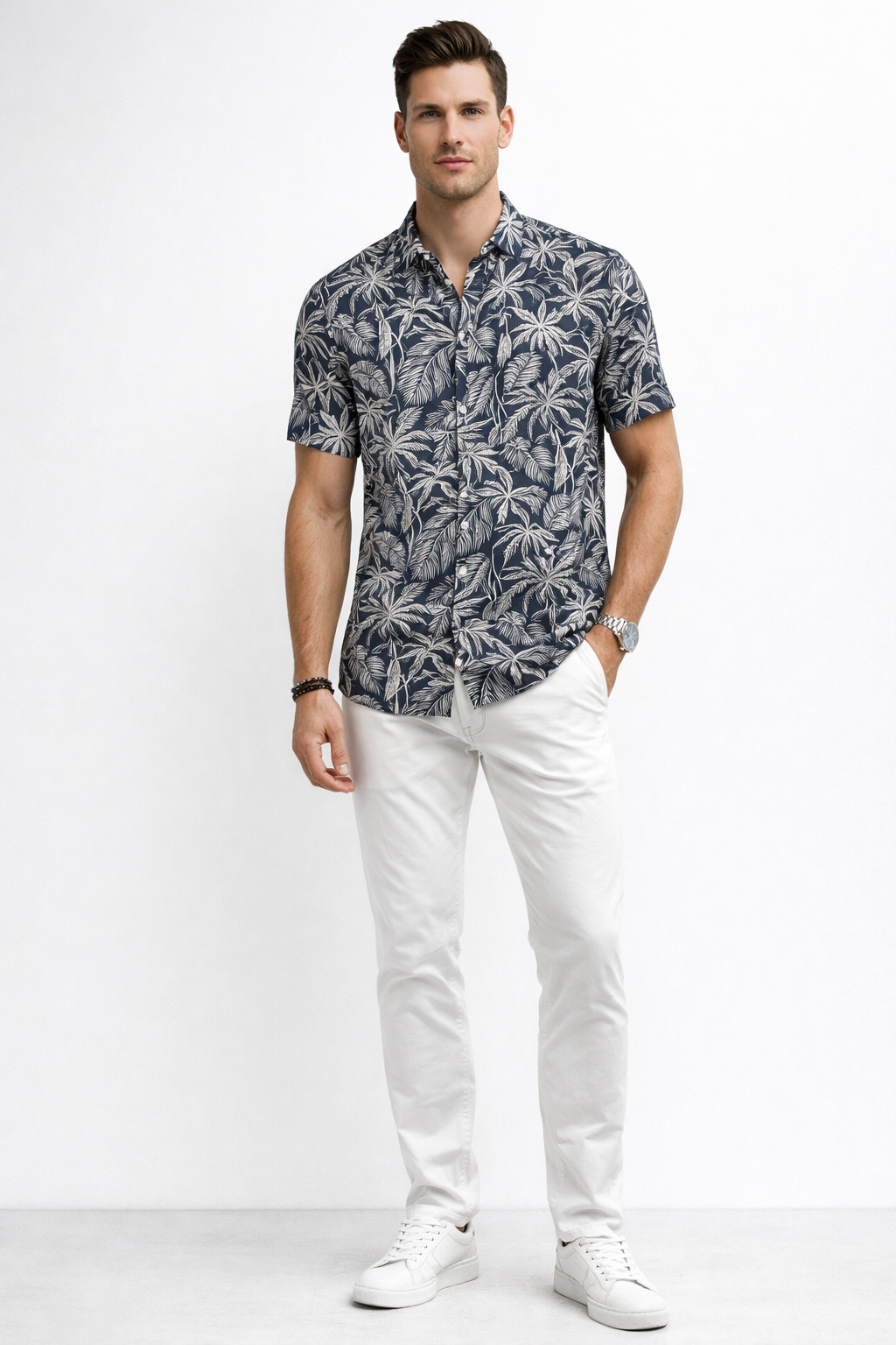 Camisas Para Hombre Manga Corta Estampado Tropical B51570 Azul