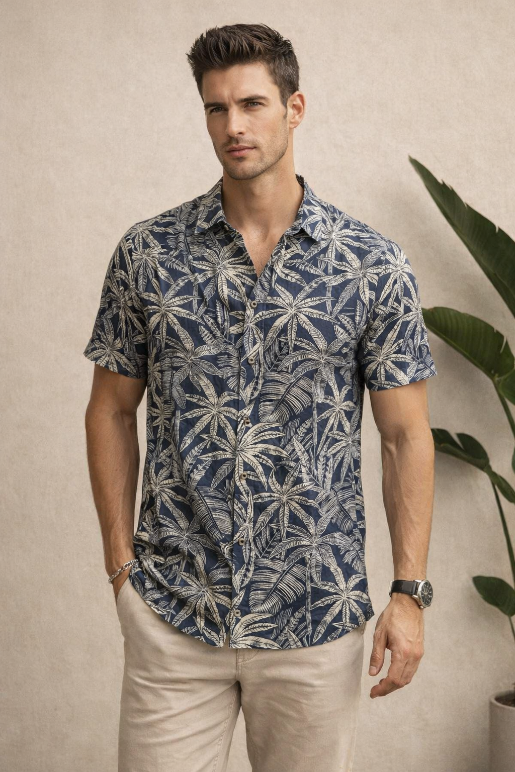 Camisas Para Hombre Manga Corta Estampado Tropical B51570 Azul