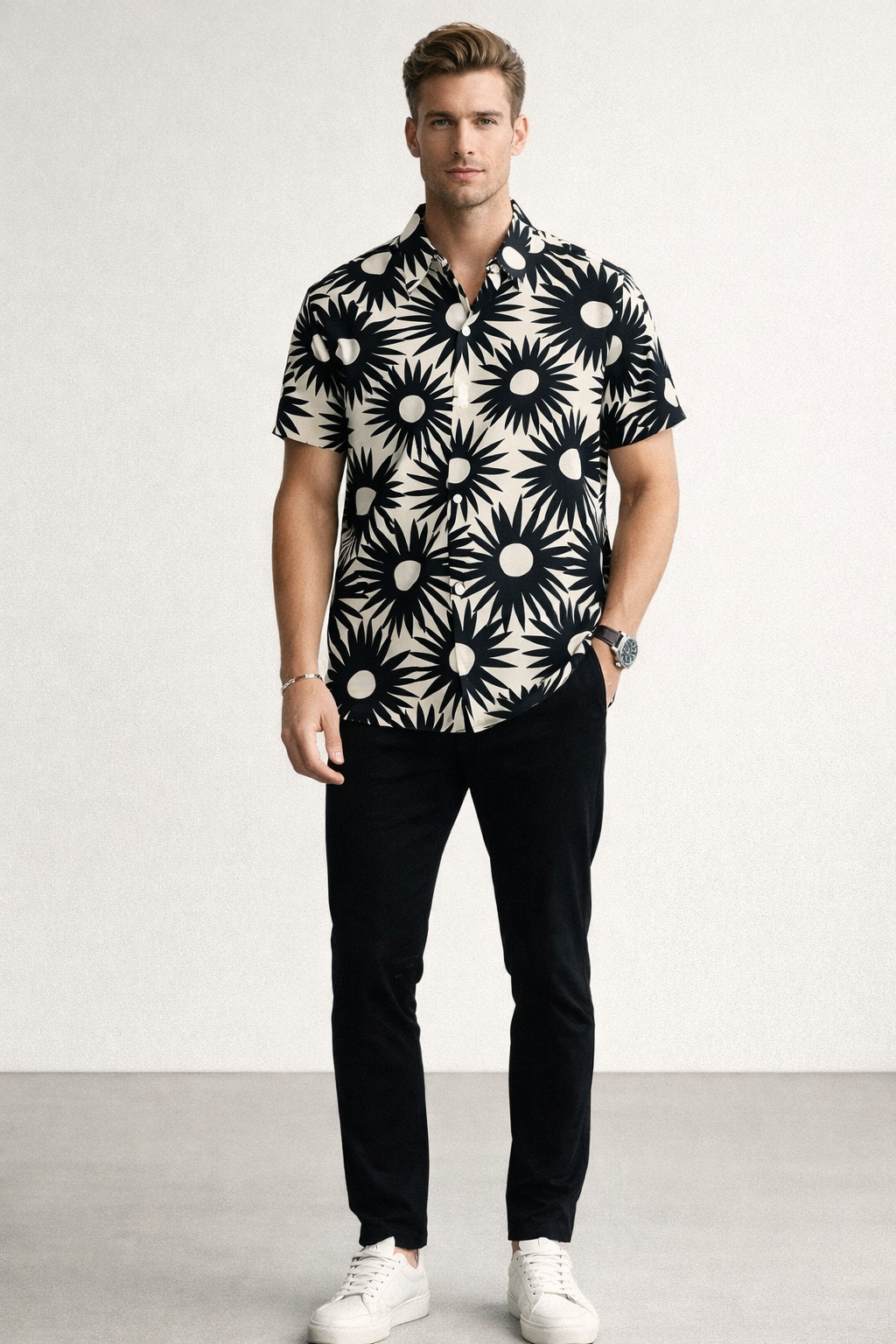 Camisas Para Hombre Manga Corta Estampado Tropical B51573 Negro