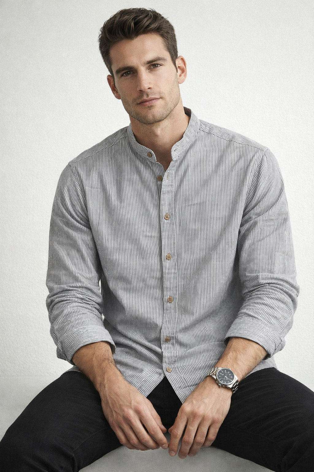 Camisas Para Hombre Cuello Mao Tipo Lino Micro Rayas B61311 Gris