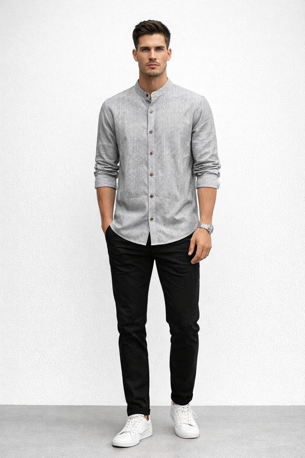 Camisas Para Hombre Cuello Mao Tipo Lino Micro Rayas B61311 Gris