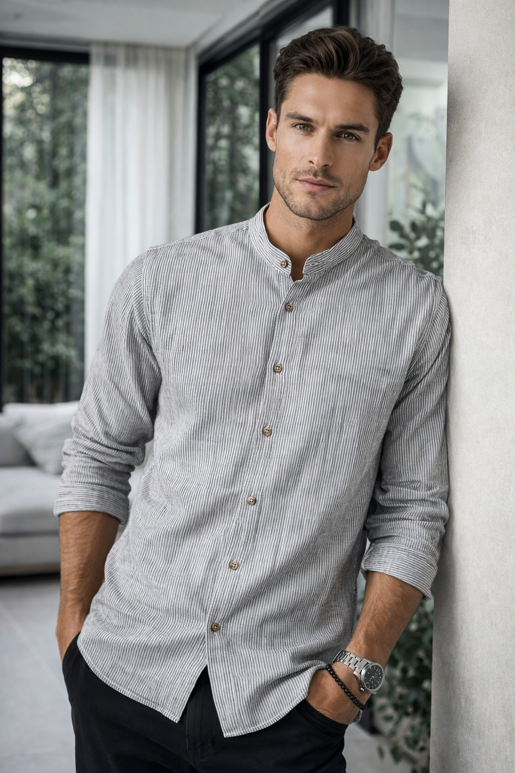 Camisas Para Hombre Cuello Mao Tipo Lino Micro Rayas B61311 Gris