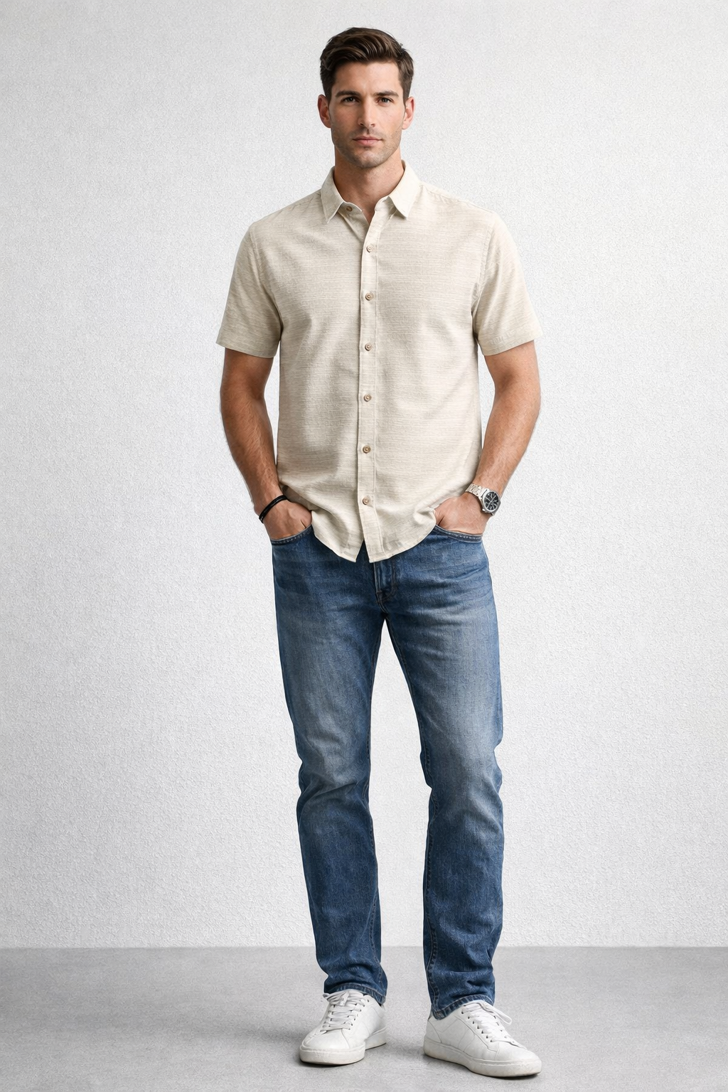 Camisas Para Hombre Manga Corta Texturizada B61355 Beige