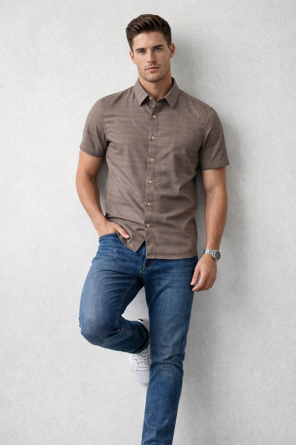 Camisas Para Hombre Manga Corta Texturizada B61355 Cafe