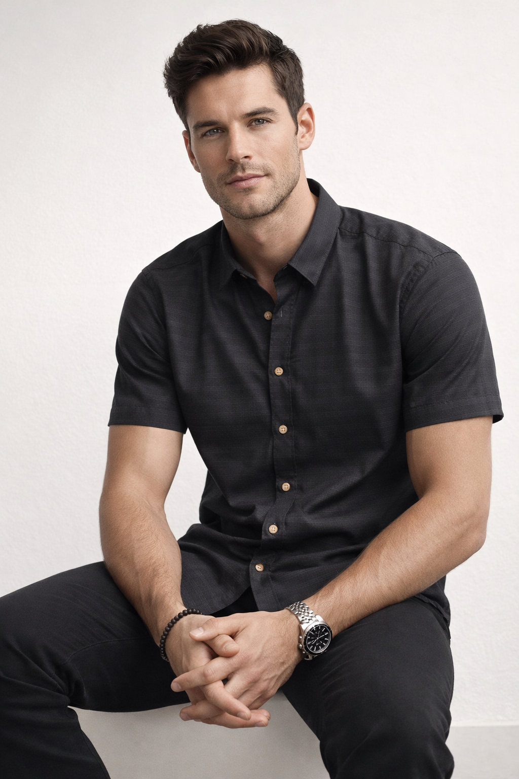 Camisas Para Hombre Manga Corta Texturizada B61355 Negro