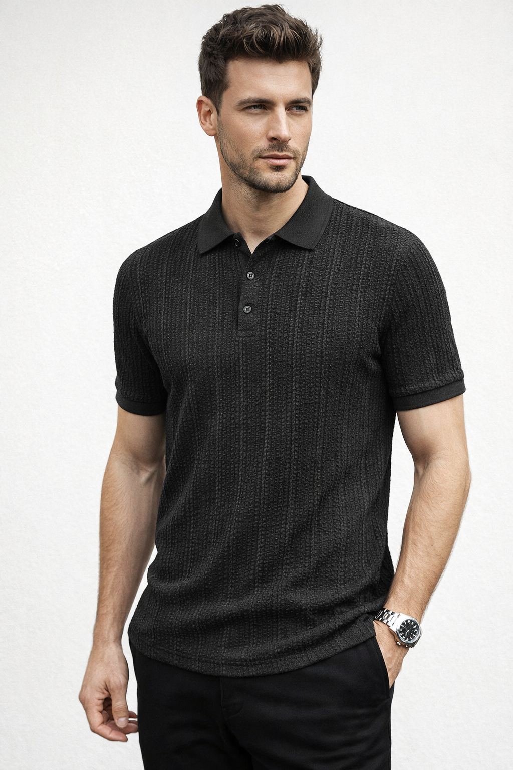 Playera Polo para Hombre Casual Jacquard Antiarrugas A61421 Negro