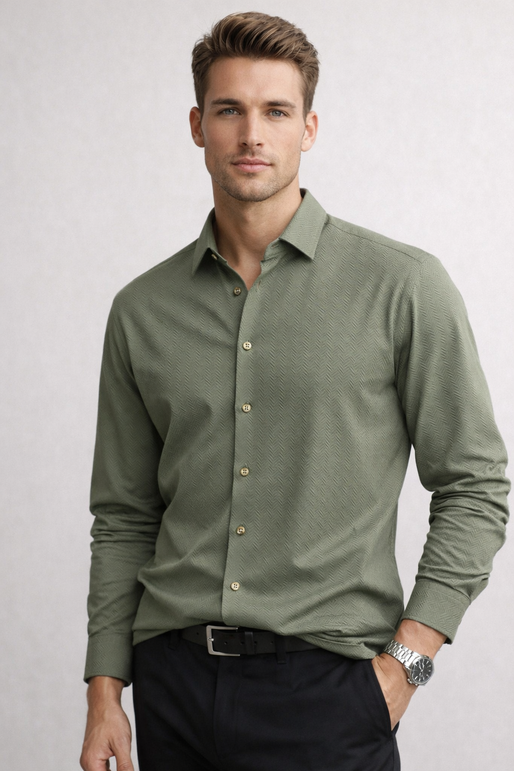 Camisa para Hombre Manga Larga Jacquard Super Stretch B61404 Olivo