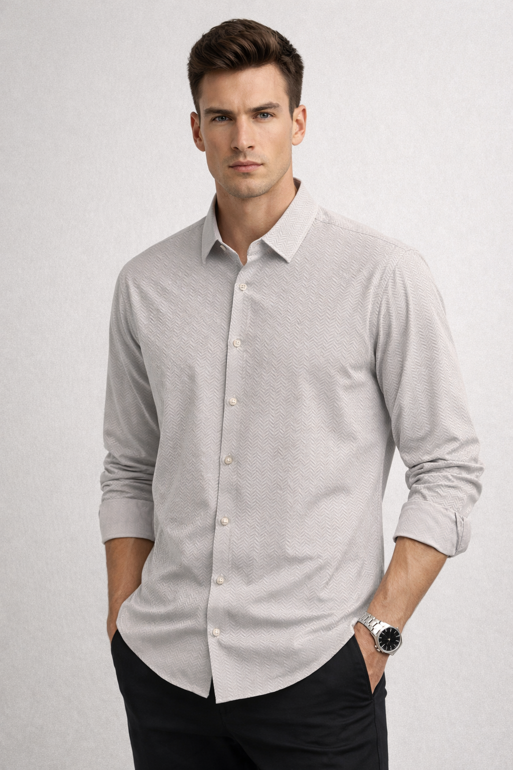 Camisa para Hombre Manga Larga Jacquard Super Stretch B61404 Beige