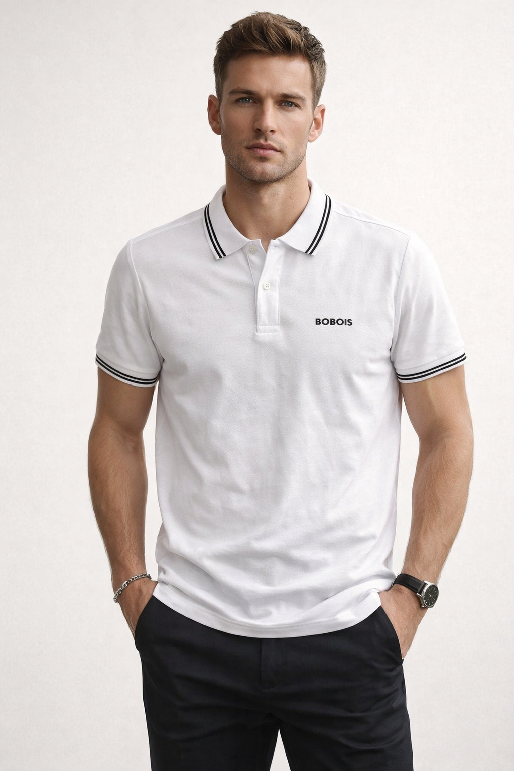 Playeras Polo Para Hombre Básica con Rayas APOLRS Blanco