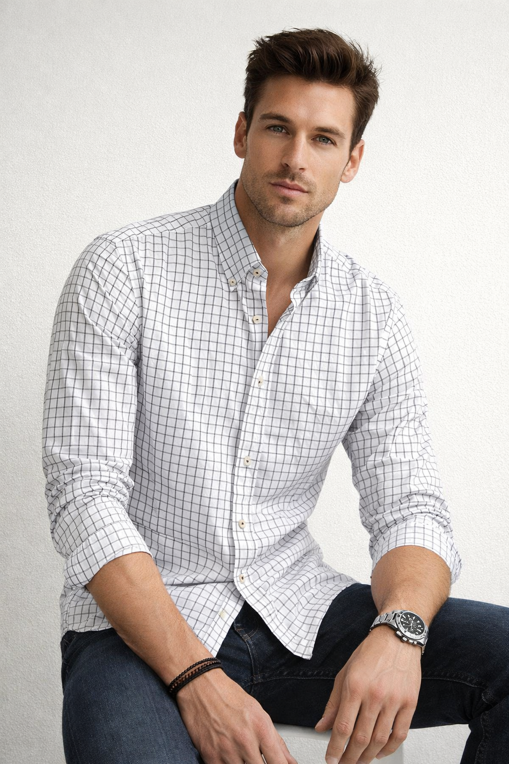 Camisas Para Hombre Manga Larga Cuadros B61204 Negro