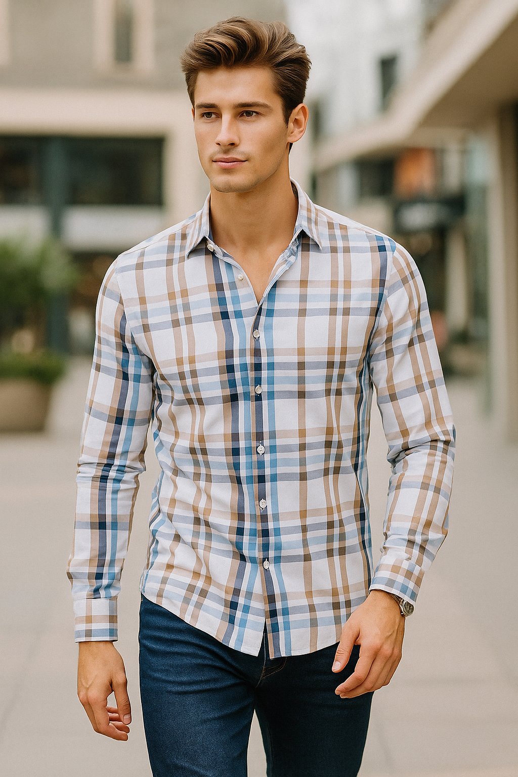 Camisas Para Hombre Manga Larga Bambú Cuadros B51337 Beige