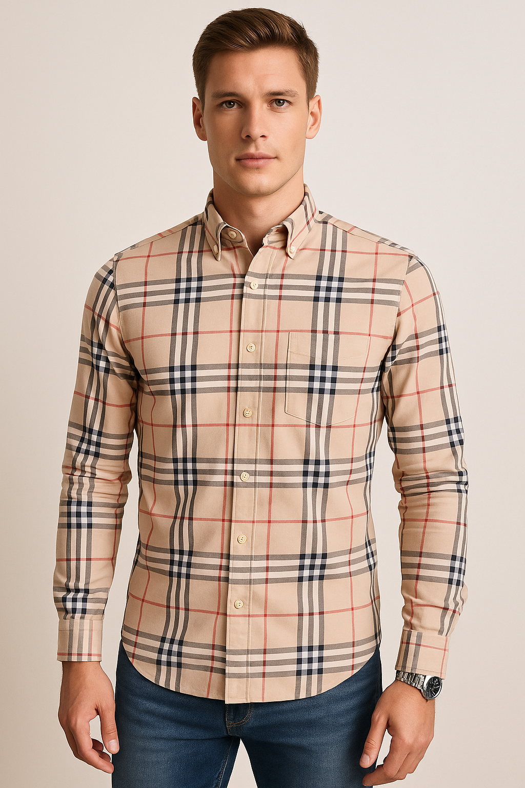 Camisas Para Hombre Manga Larga Cuadros Oxford B51129 Beige