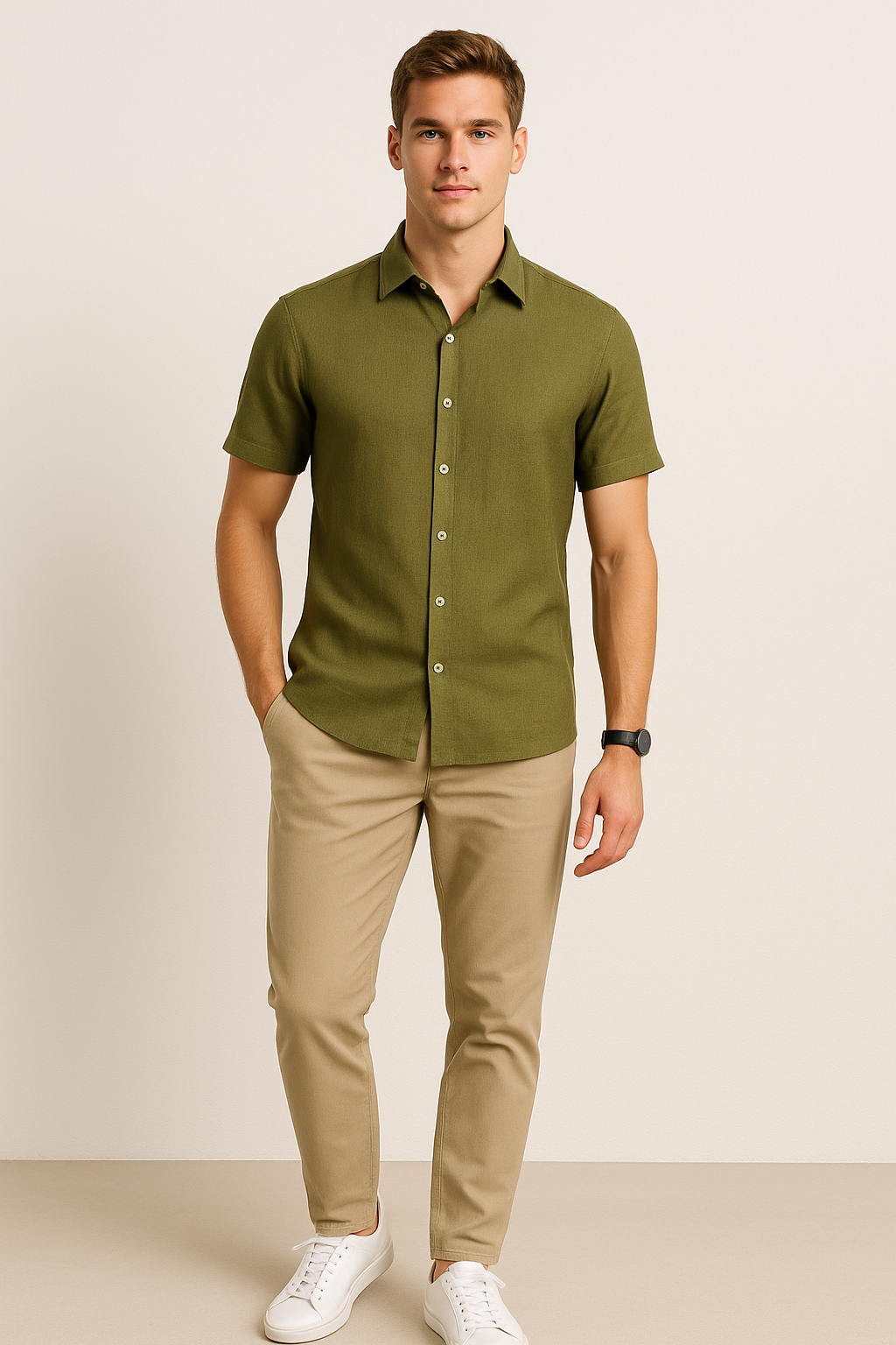 Camisas Para Hombre Estilo Lino Liso B51372 Olivo