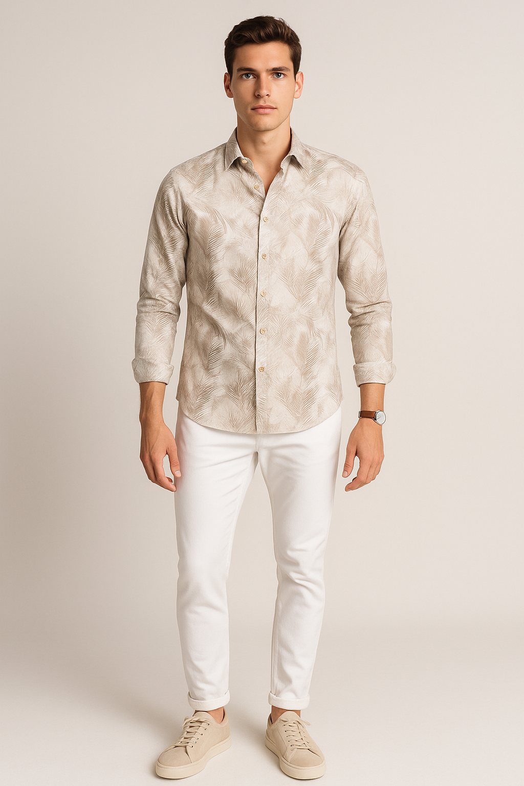 Camisas Para Hombre Estampada Tipo Lino B51327 Kaki