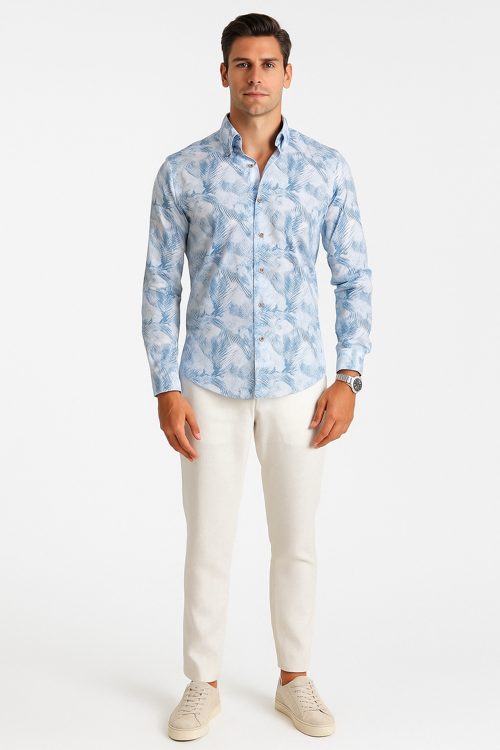 Camisas Para Hombre Estampada Tipo Lino B51327 Azul