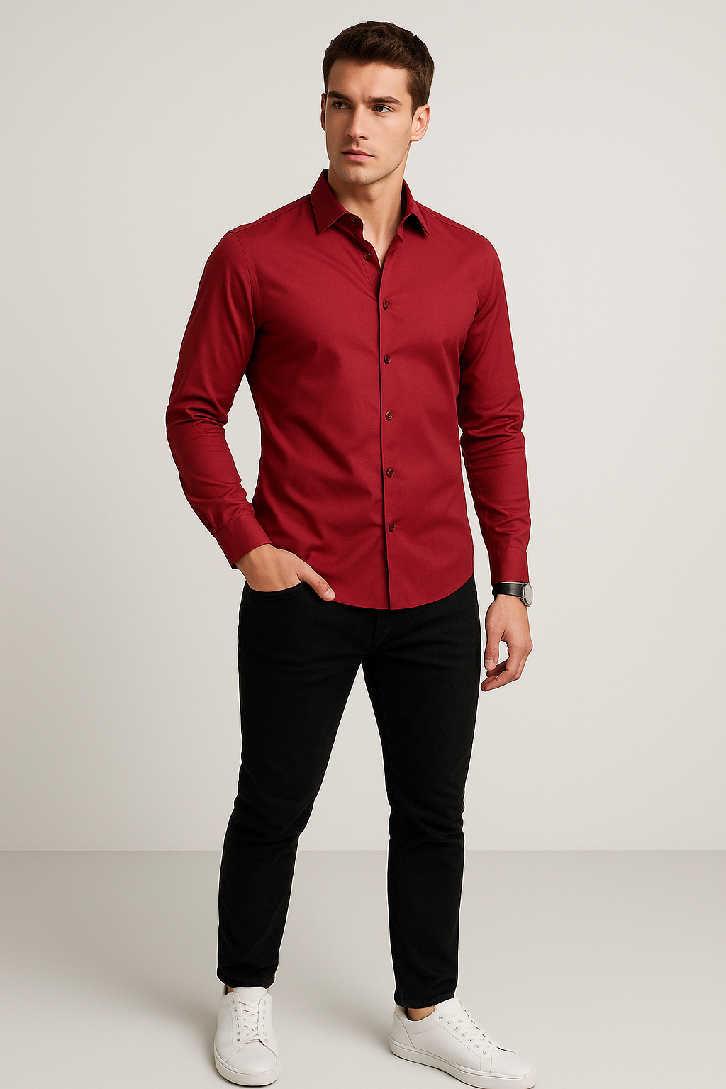 Camisas Para Hombre Manga Larga Slim Fit Vino BPOPST