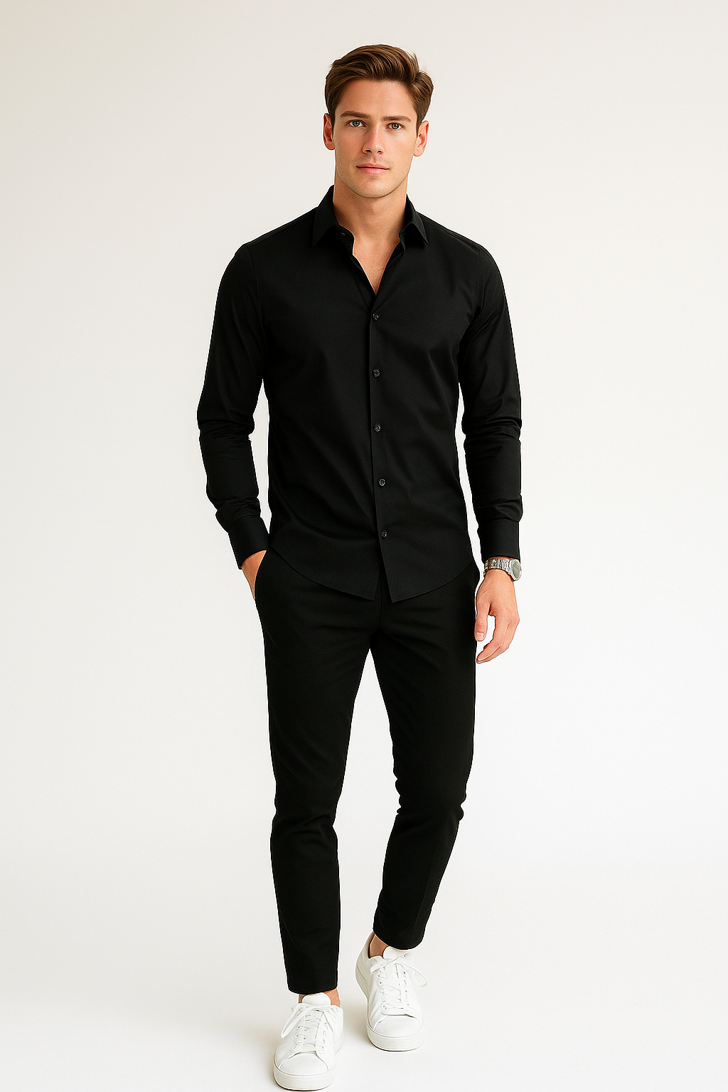 Camisas Para Hombre Manga Larga Slim Fit Negro BPOPST