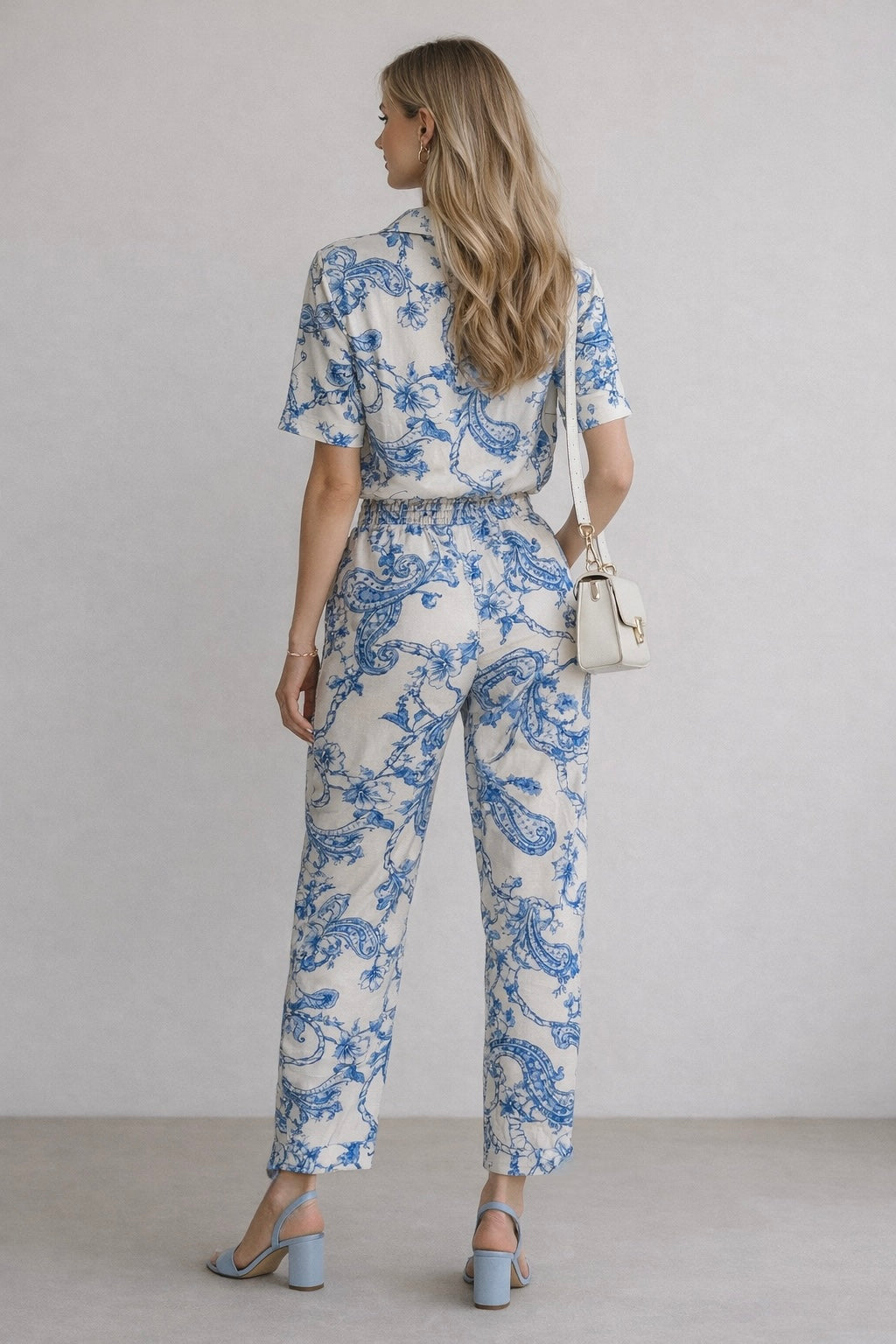 Pantalones Para Mujer Lino Paisley Con Jareta W61105 Hueso/Azul