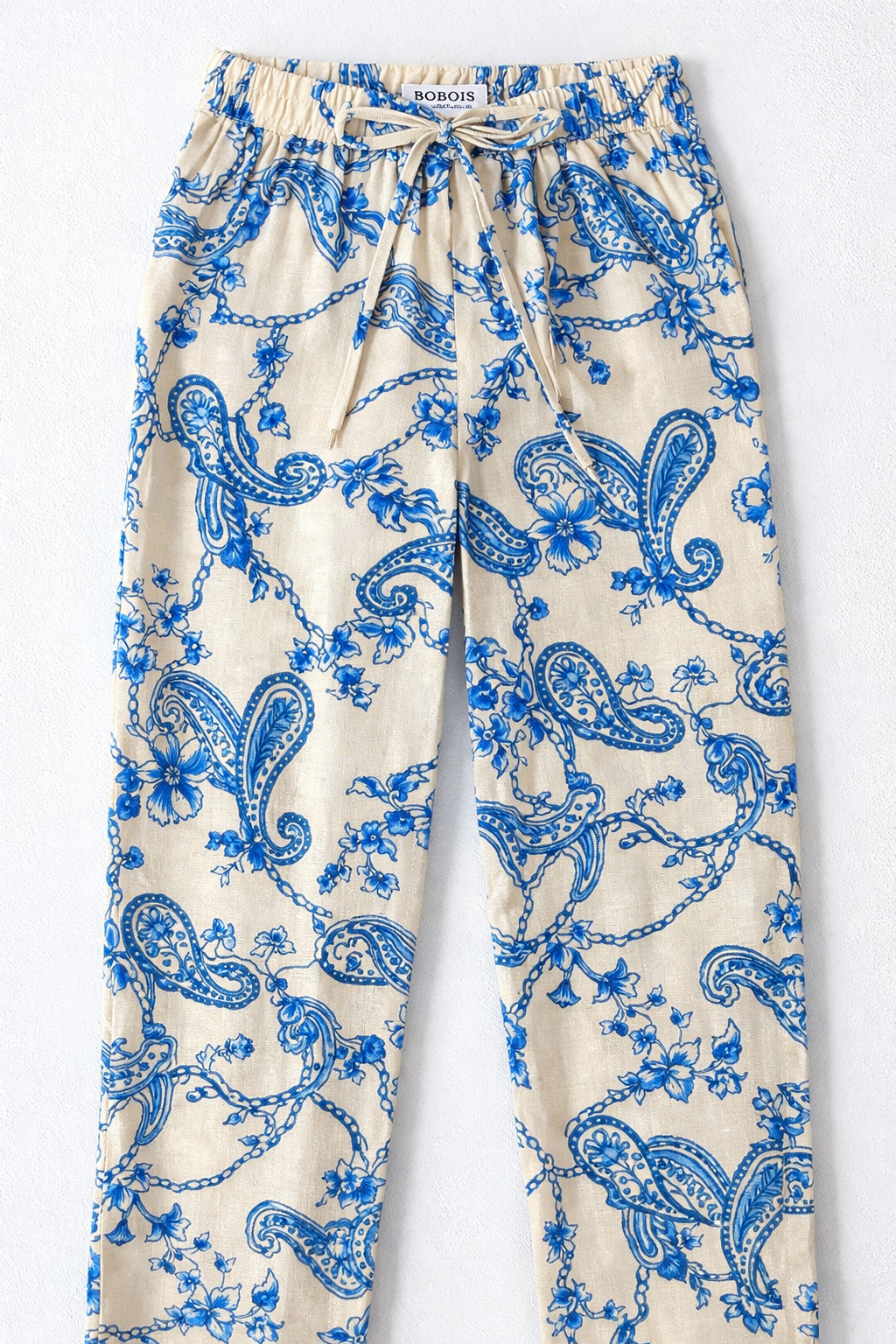 Pantalones Para Mujer Lino Paisley Con Jareta W61105 Hueso/Azul