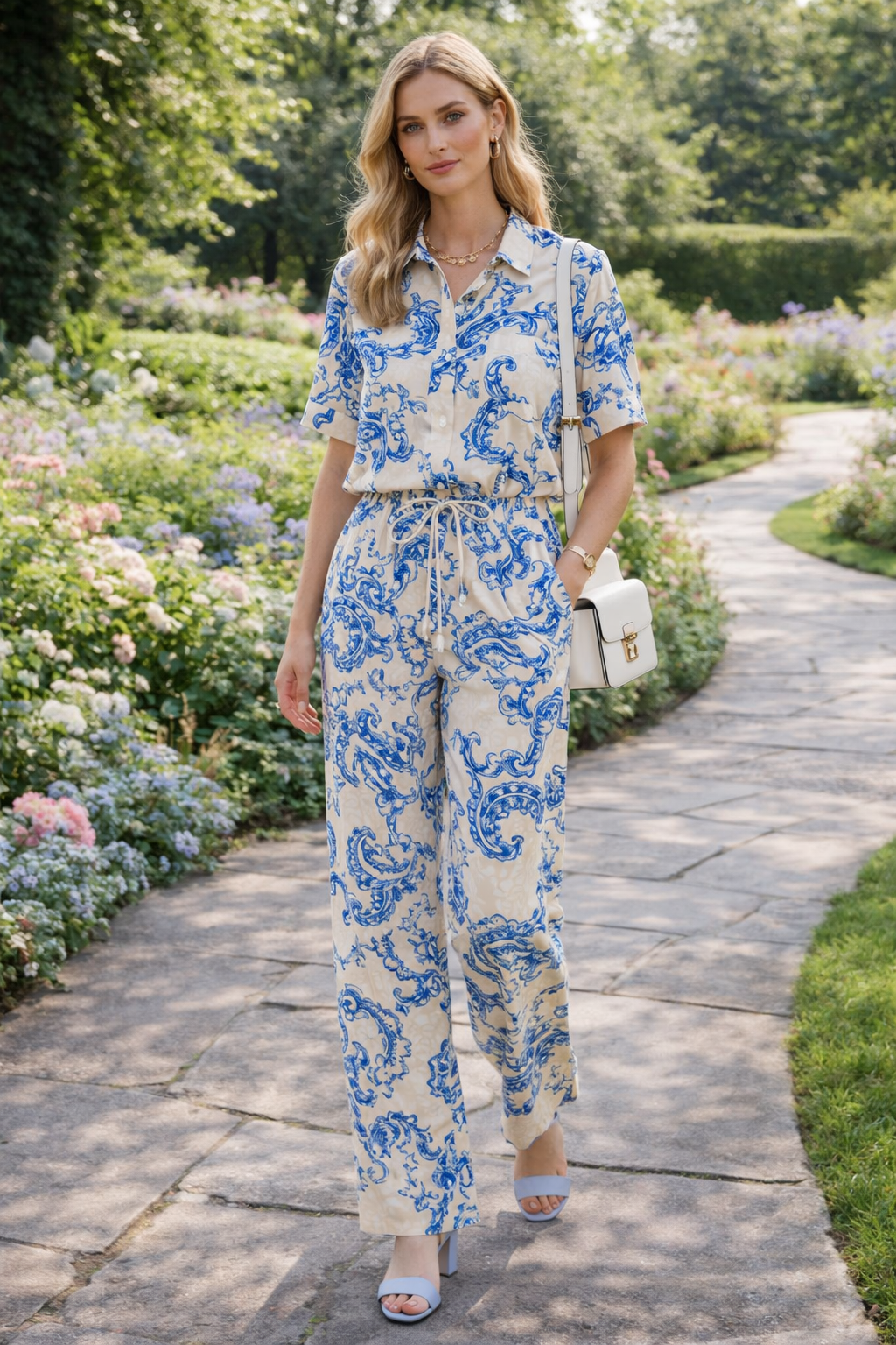 Pantalones Para Mujer Lino Paisley Con Jareta W61105 Hueso/Azul