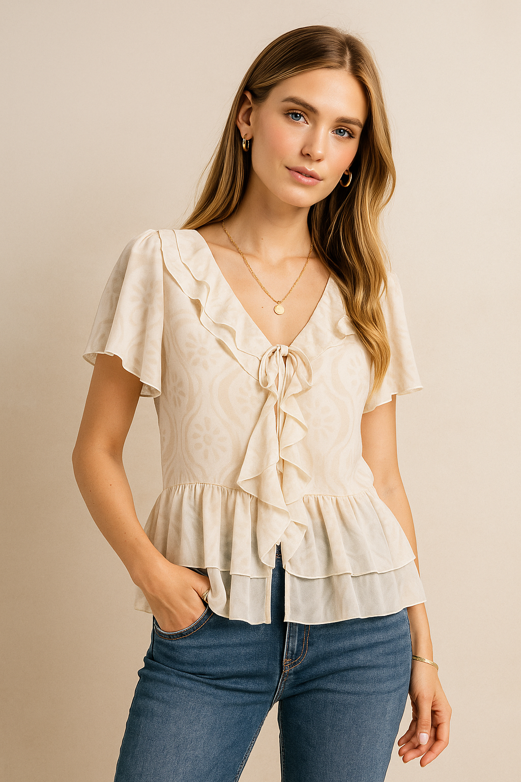 Blusas Para Mujer Translucida Con Olanes N51122 Hueso