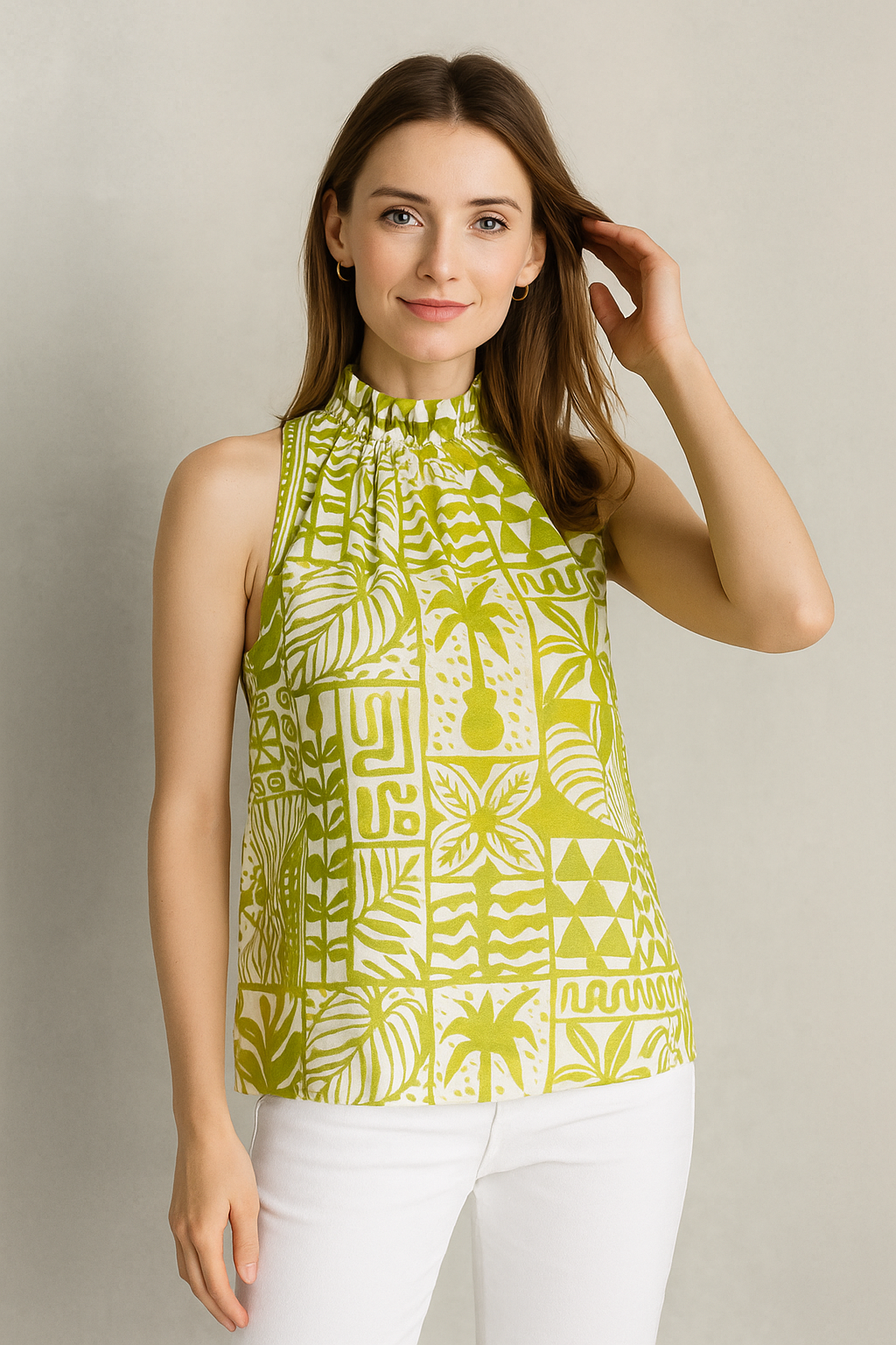 Blusas Para Mujer De Lino Cuello Alto Etnica N51118 Verde