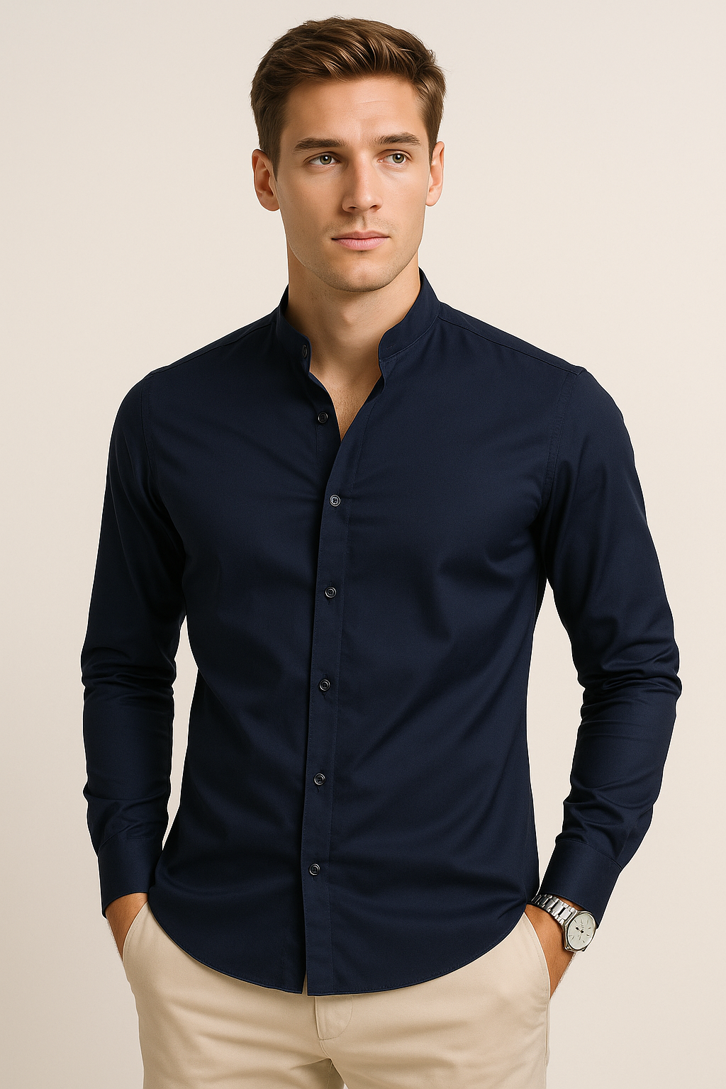 Camisas Para Hombre De Manga Larga Cuello Mao Con Aletilla Slim Fit BPOPSM Marino