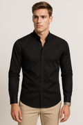 Camisas Para Hombre De Manga Larga Cuello Mao Con Aletilla Slim Fit BPOPSM Negro