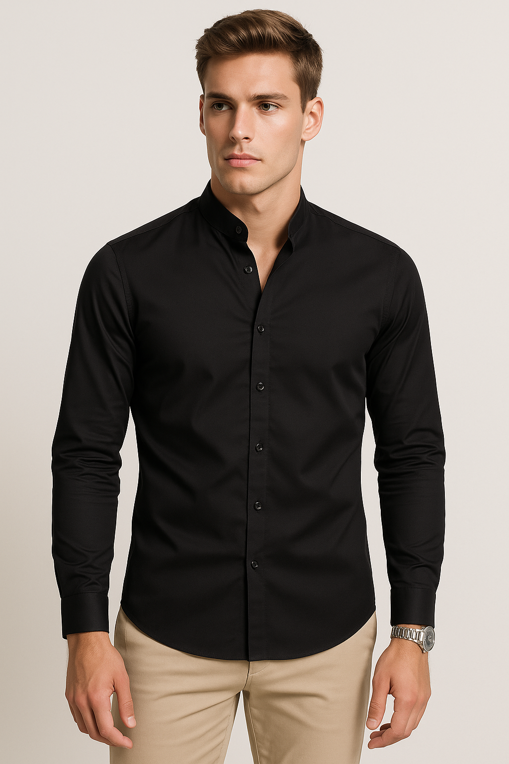 Camisas Para Hombre De Manga Larga Cuello Mao Con Aletilla Slim Fit BPOPSM Negro