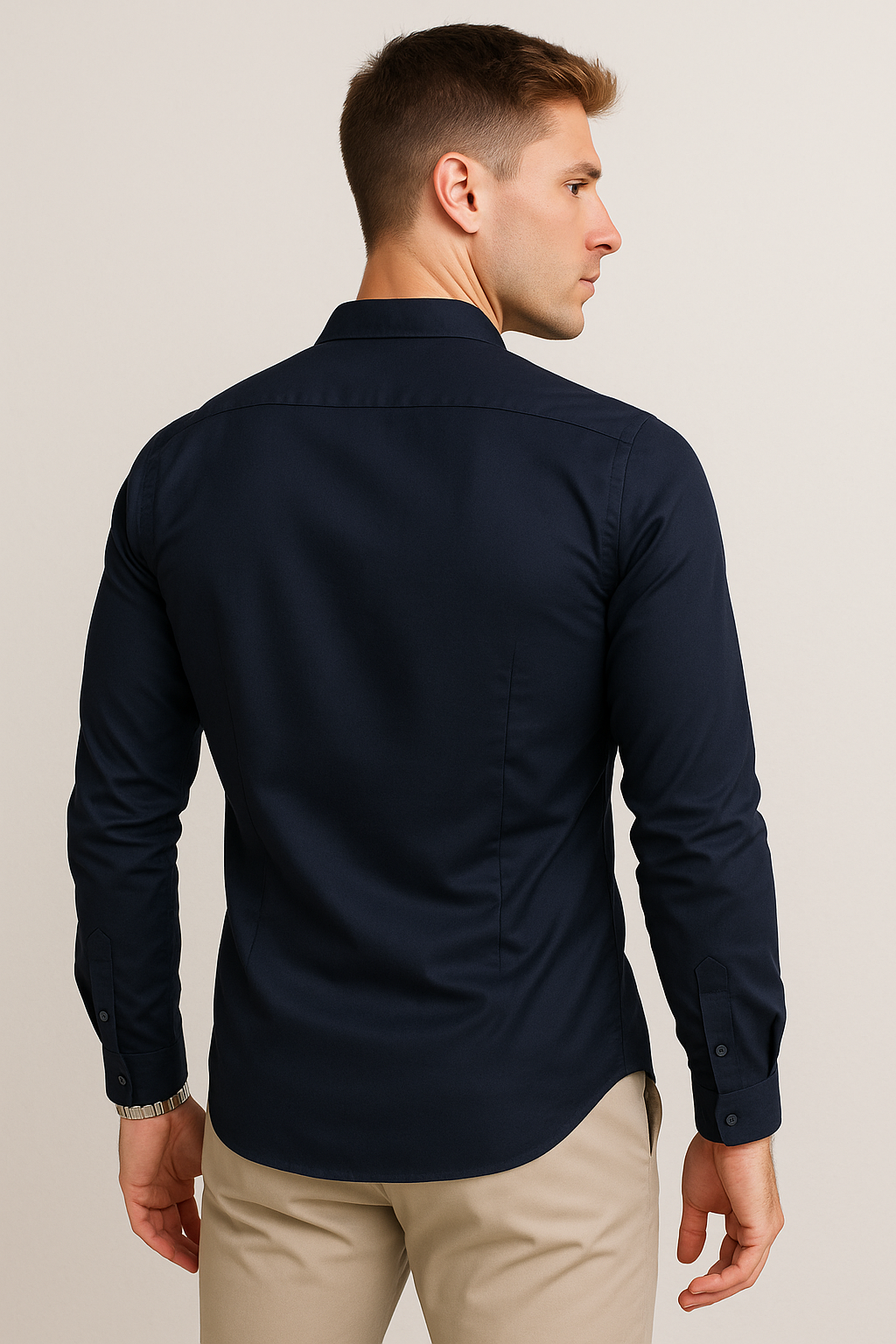 Camisas Para Hombre De Manga Larga Cuello Mao Con Aletilla Slim Fit BPOPSM Marino