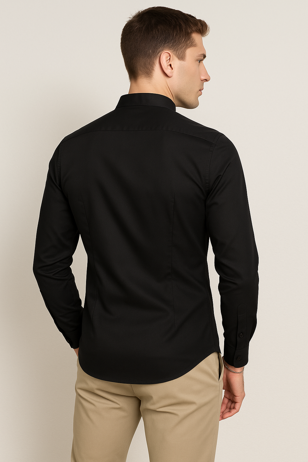 Camisas Para Hombre De Manga Larga Cuello Mao Con Aletilla Slim Fit BPOPSM Negro