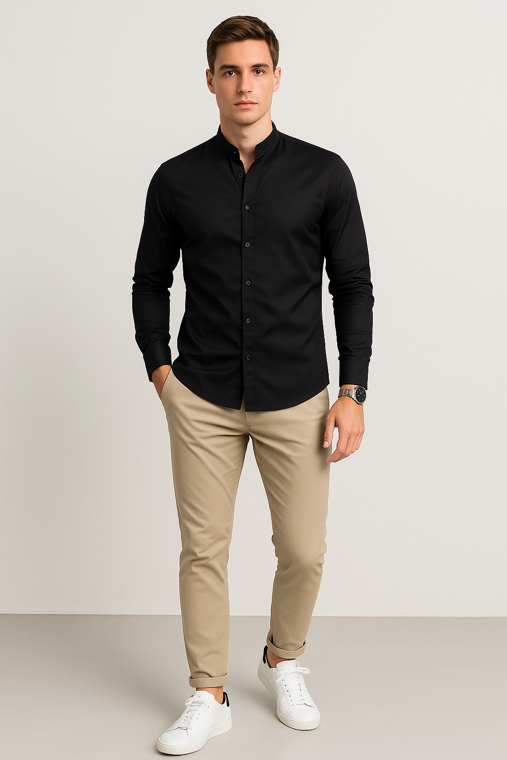 Camisas Para Hombre De Manga Larga Cuello Mao Con Aletilla Slim Fit BPOPSM Negro