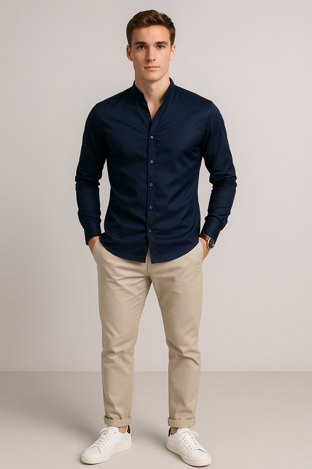 Camisas Para Hombre De Manga Larga Cuello Mao Con Aletilla Slim Fit BPOPSM Marino