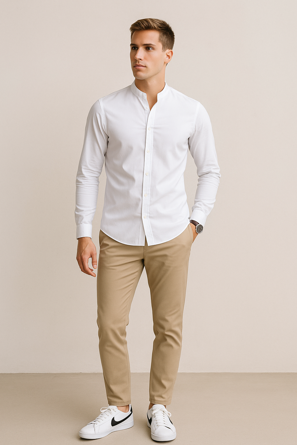 Camisas Para Hombre De Manga Larga Cuello Mao Con Aletilla Slim Fit BPOPSM Blanco