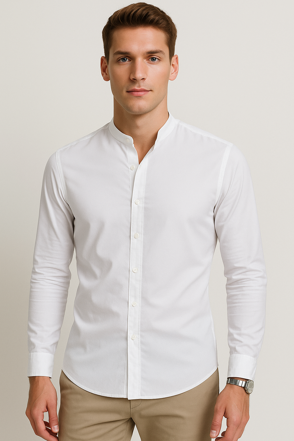 Camisas Para Hombre De Manga Larga Cuello Mao Con Aletilla Slim Fit BPOPSM Blanco