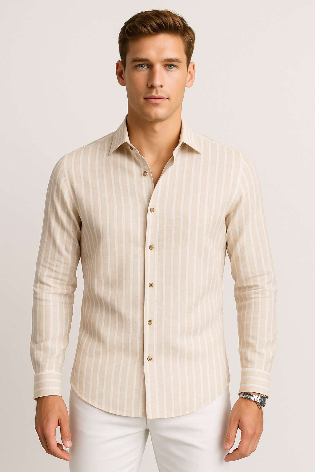 Camisas Para Hombre Tipo Lino Rayas B51323 Kaki