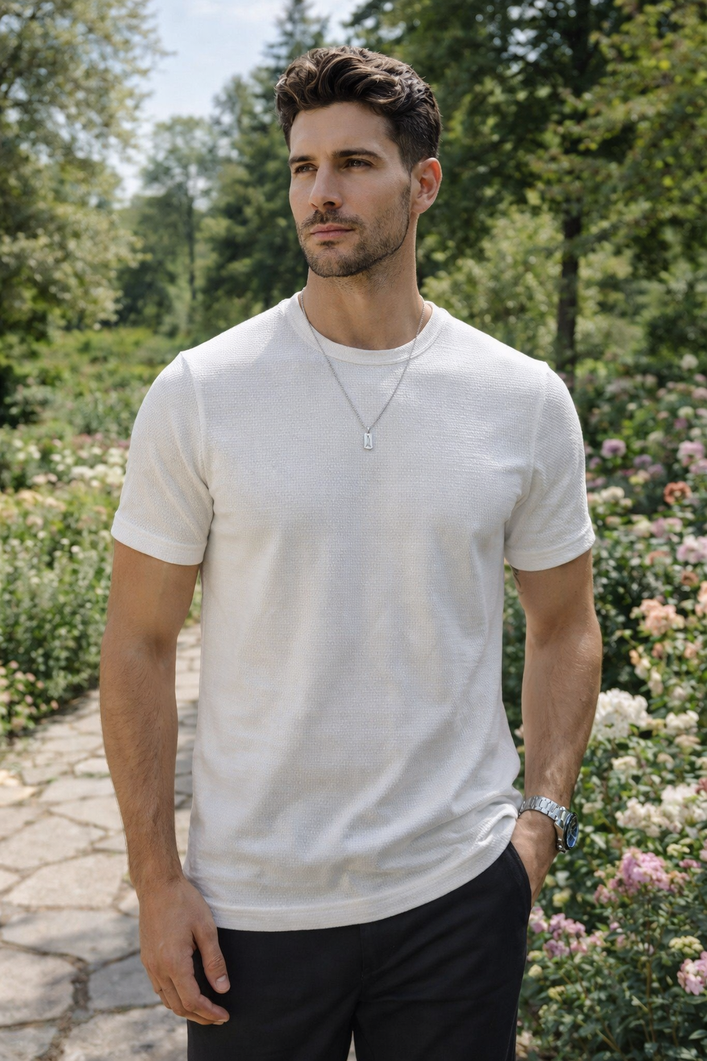 Playeras Para Hombre Manga Corta Con Textura A61302 Ivory