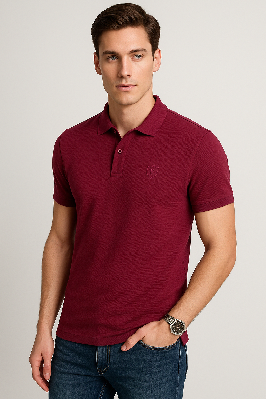 Playeras Polo Para Hombre Manga Corta Basica Bordado APOLOB Burdeos