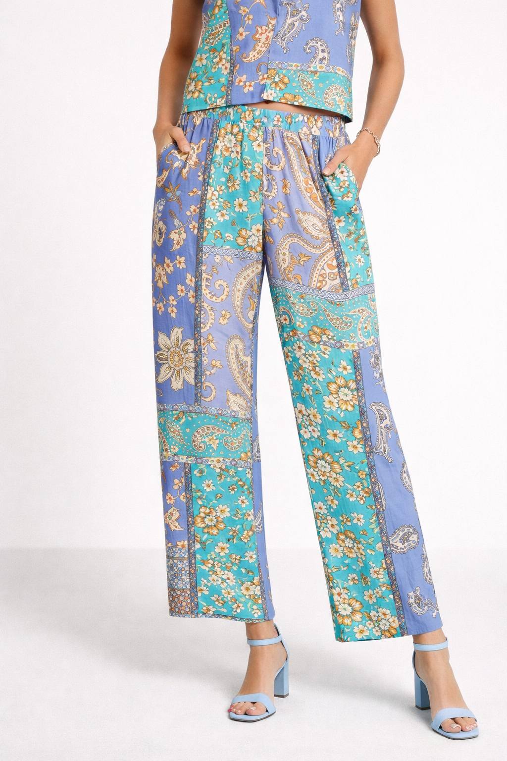 Pantalones Para Mujer Satinado Paisley W61103 Turquesa
