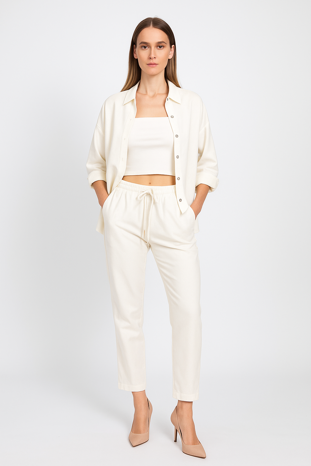 Pantalones Para Mujer Ligero Con Jareta W51114 Crema